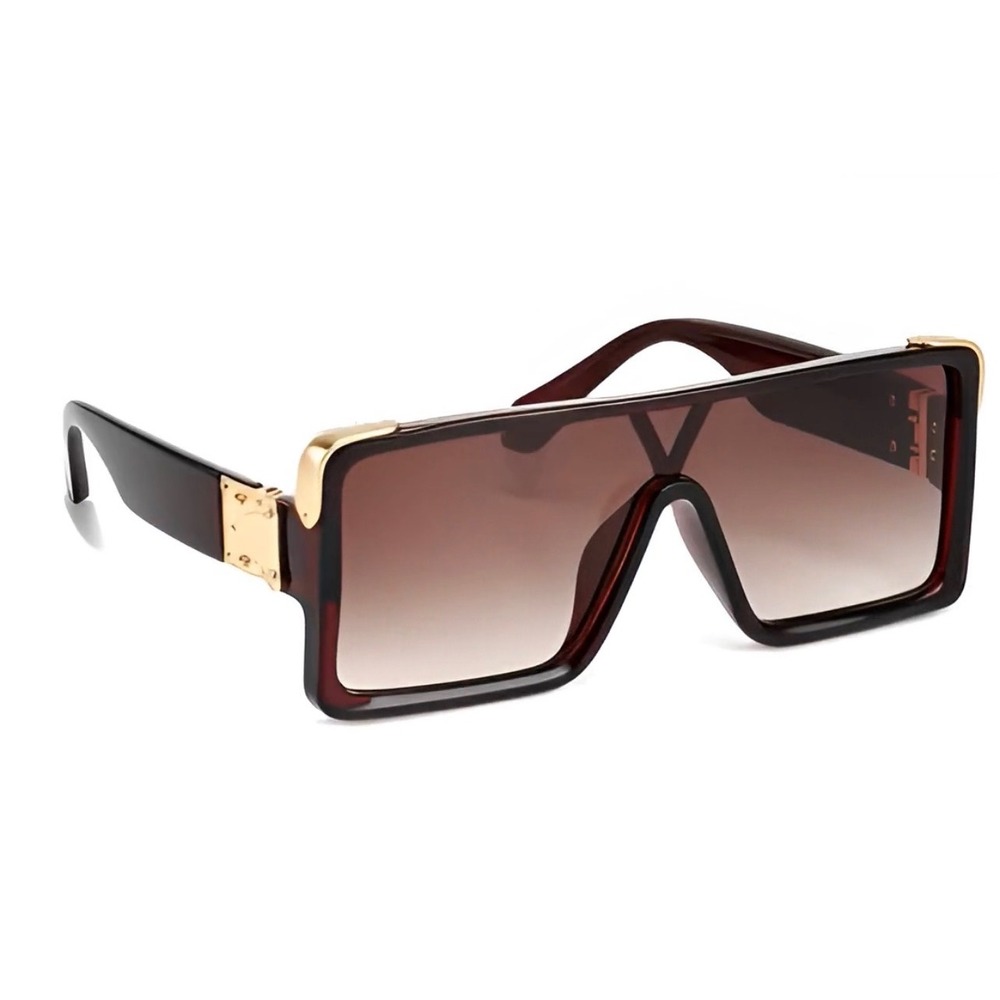 Oversized Fashion Design Sunglasses Brown Gradient Gold Hardware Flat Top Women - Picture 10 of 12